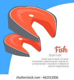 Fish banner. Healthy food concept. Organic natural food. Consumption of high quality nourishment food. Part of series of promotion healthy diet and good fit. Vector illustration