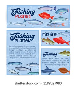 Fish banners. Seafood , cartoon salmon, anchovy, codfish, sea bass, ocean perch and sardine. Icon mackerel, herring, dorado tuna halibut tilapia and trout. Sea fishing template design