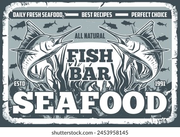 Fish bar flyer vintage monochrome with two pikes at bottom of lake for showcase or seafood shop interior vector illustration