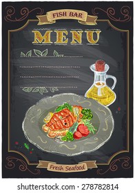 Fish bar menu sign with grilled salmon steak on a plate chalkboard design.