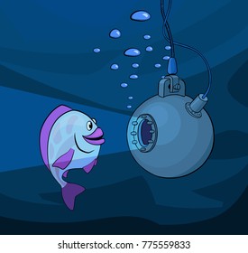 fish and batysphere, cartoon vector illustration