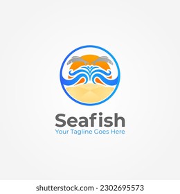 Fish and Beach Waves Logo Vector Design, Surfing logo, water logo, Suitable for your business logo