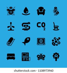 fish, bed, laptop, carpet, drop, drum set, news paper, pharmacy and armchair vector icon. Simple icons set