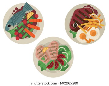 fish, beef and grilled chicken plates with salad vegetables and eggs and french fries restaurant gourmet food