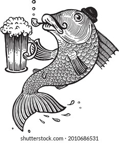 Fish with a beer mug, vector illustration. Drawing with an ink pen and pencil. Collection of fish.