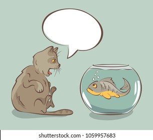 Fish -- the best gift for a cat / Funny vector illustration, surprised cat and a piranha in an aquarium