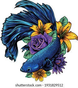 fish betta splendens with flowers vector illustration