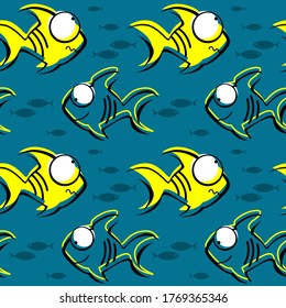 Fish with big eyes. Seamless pattern. Sea background.