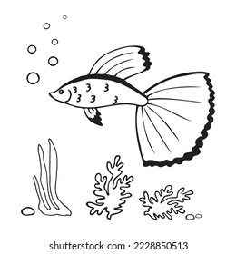 A fish with a big tail in doodle style on a white background. Vector illustration isolated for decoration, postcards
