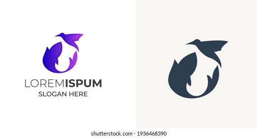 Fish and bird logo design vector template. Fish jumping and bird flying vector