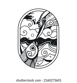 Fish and bird looking at each other. Vector hand drawn illustration