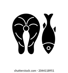 Fish black glyph icon. Marine food ingredient. Raw salmon, cooked tuna. Healthy eating, protein in diet. Common allergen. Allergy cause. Silhouette symbol on white space. Vector isolated illustration