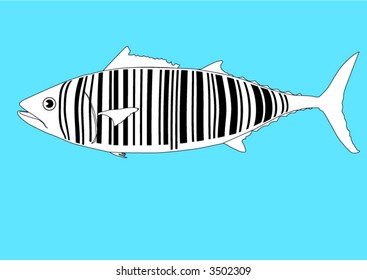Fish in black and white with barcode over its body.