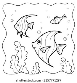 Fish black and white. Coloring book or Coloring page for kids. Marine background vector illustration