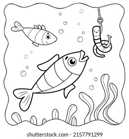 Pescado blanco y negro. Libro de colorear o página de colorear para niños. Ilustración del vector de fondo marino