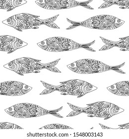 Fish. Black and white seamless pattern with sardine fish. single line drawing. Coloring. Coloring book. Coloring book with fish drawn in zentangle style. Antistress sketch. Vector illustration