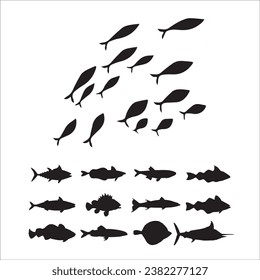 Fish black and white silhouettes set of marine animals, Set of fish characters and silhouette on white background