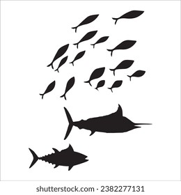 Fish black and white silhouettes set of marine animals, Set of fish characters and silhouette on white background