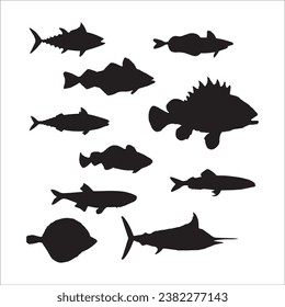 Fish black and white silhouettes set of marine animals, Set of fish characters and silhouette on white background
