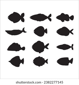 Fish black and white silhouettes set of marine animals, Set of fish characters and silhouette on white background