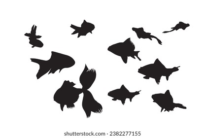 Fish black and white silhouettes set of marine animals, Set of fish characters and silhouette on white background