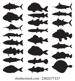 Fish black and white silhouettes set of marine animals, Set of fish characters and silhouette on white background