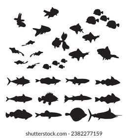 Fish black and white silhouettes set of marine animals, Set of fish characters and silhouette on white background