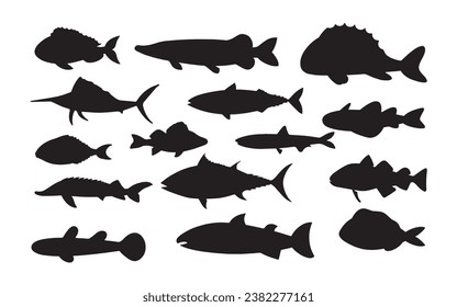 Fish black and white silhouettes set of marine animals, Set of fish characters and silhouette on white background