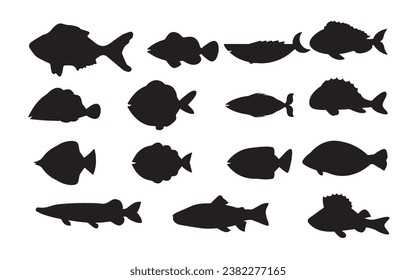 Fish black and white silhouettes set of marine animals, Set of fish characters and silhouette on white background