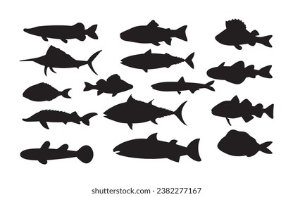 Fish black and white silhouettes set of marine animals, Set of fish characters and silhouette on white background