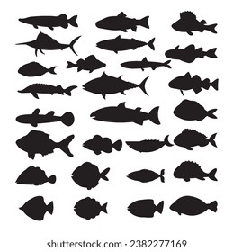 Fish black and white silhouettes set of marine animals, Set of fish characters and silhouette on white background