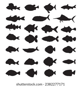 Fish black and white silhouettes set of marine animals, Set of fish characters and silhouette on white background