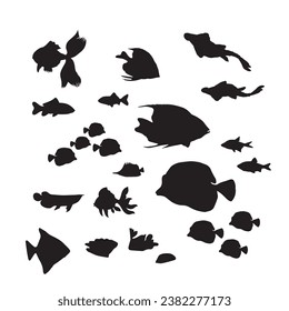 Fish black and white silhouettes set of marine animals, Set of fish characters and silhouette on white background