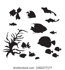 Fish black and white silhouettes set of marine animals, Set of fish characters and silhouette on white background