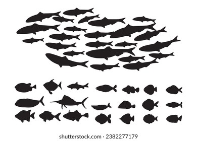 Fish black and white silhouettes set of marine animals, Set of fish characters and silhouette on white background