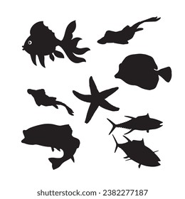Silhouettes de pescado negro y blanco conjunto de animales marinos, Juego de caracteres de pescado y silueta sobre fondo blanco