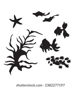 Fish black and white silhouettes set of marine animals, Set of fish characters and silhouette on white background