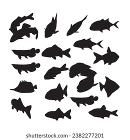 Fish black and white silhouettes set of marine animals, Set of fish characters and silhouette on white background