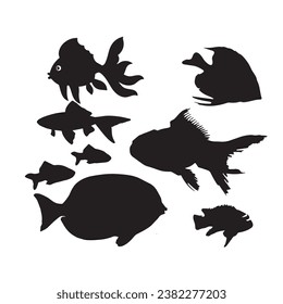 Fish black and white silhouettes set of marine animals, Set of fish characters and silhouette on white background