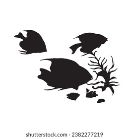 Fish black and white silhouettes set of marine animals, Set of fish characters and silhouette on white background