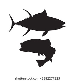 Silhouettes de pescado negro y blanco conjunto de animales marinos, Juego de caracteres de pescado y silueta sobre fondo blanco