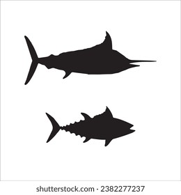 Fish black and white silhouettes set of marine animals, Set of fish characters and silhouette on white background