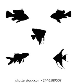 Fish black and white silhouettes set of marine animals, Set of fish characters and silhouette on white background