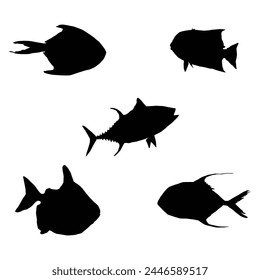 Fish black and white silhouettes set of marine animals, Set of fish characters and silhouette on white background