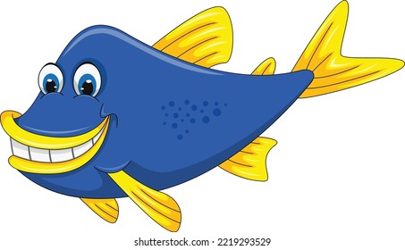 Fish blue with big smile funny and friendly cartoon vector illustration