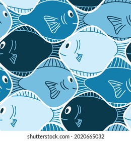 Fish in blue childish vector seamless pattern - floral design for fabric, wrapping, textile, wallpaper, background.