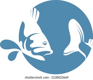 Fish in a blue circle and water drops. Fishing and sea food symbol