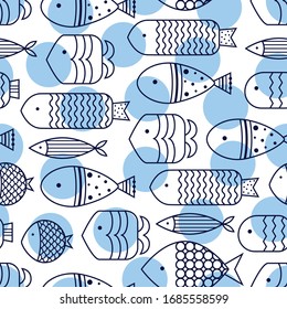 Fish and blue polka dots. Vector seamless pattern.
