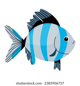 Fish with blue stripes in flat style. Sea animal isolated on white background. Aquarium gray striped fish. Flat vector illustration
