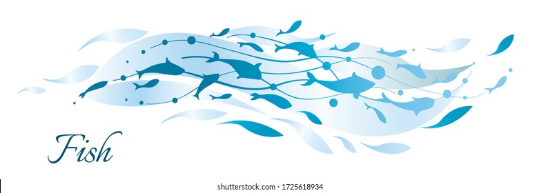 Fish blue wave. Decorative flock of fish. Logo design template. Vector illustration.